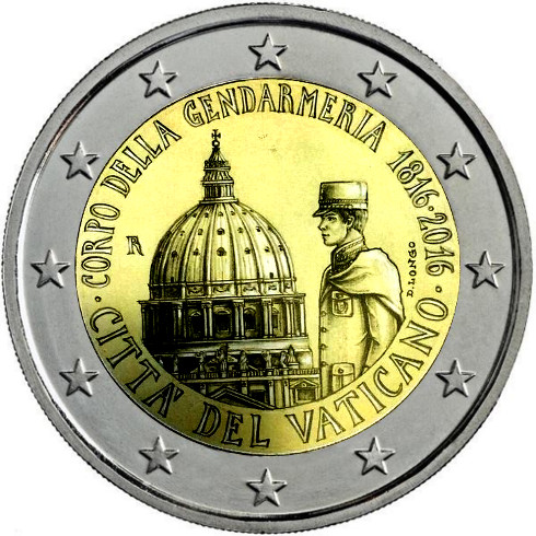 2€ conmemorativos Vaticano 2016. Bicentenario de la Gendarmería Vaticana. Vat