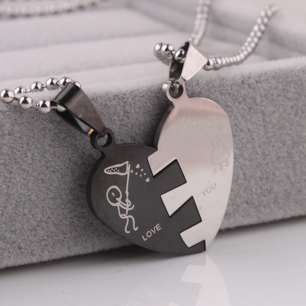 قلادات "LoVe" Lovers-In-half-heart-pendant-necklaces-bead-chain-for-men-women-316L-Stainless-Steel-necklace-wholesale