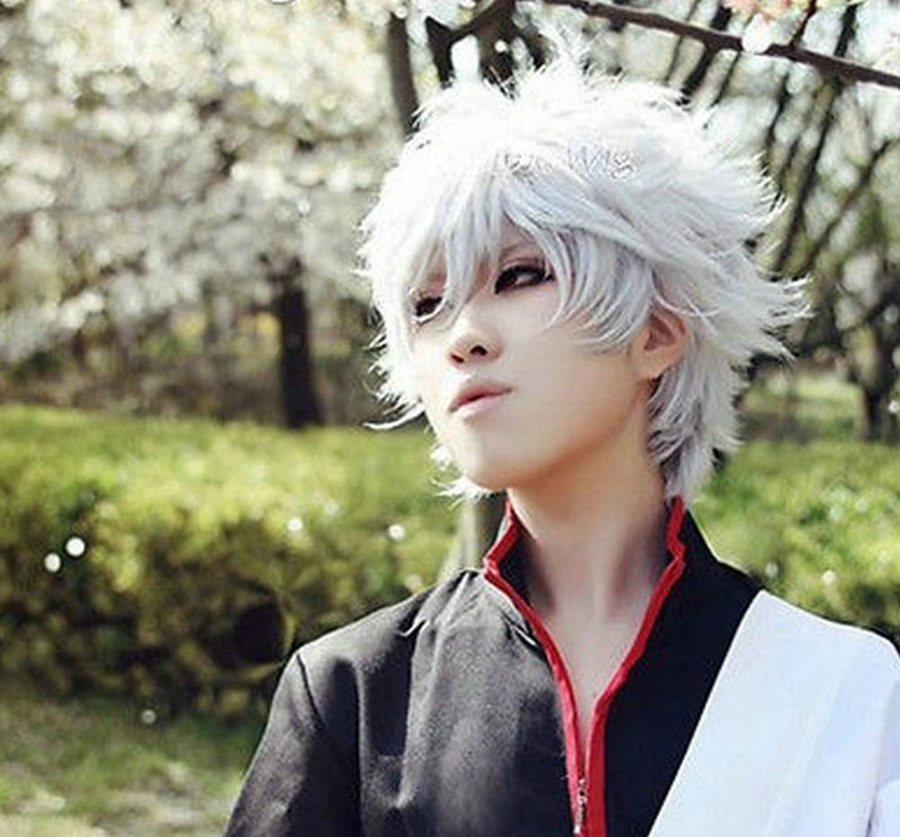 Cosplay anime Gintama Gintama-Gintoki-Sakata-Short-Silver-White-Anime-Layered-Style-Cosplay-Wig