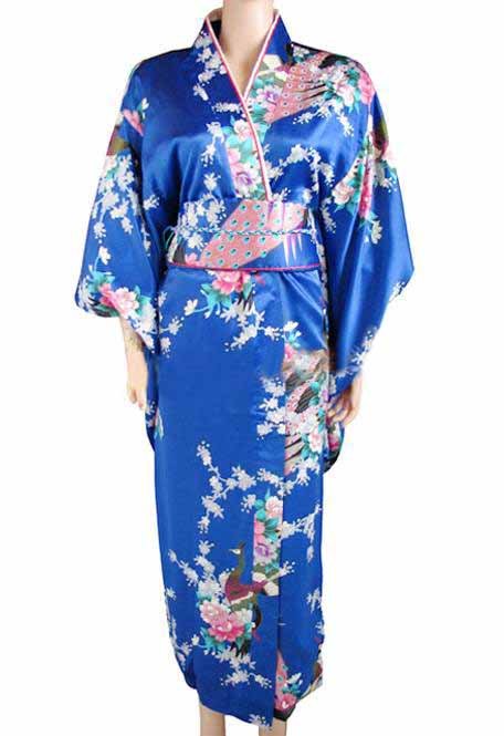 صور للكيمونو الياباني  Free-Shipping-New-Blue-Fashion-Japanese-Women-s-Silk-Satin-Kimono-Dress-Yukata-Peafowl-Wholesale-Retail