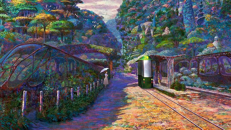 Eѕ¢αρє тнє Dαякηєѕѕ: Info HD-prints-original-oil-paintings-canvas-Naohisa-Inoue-quirkiness-trees-arches-plant-boy-girl-anime-rails