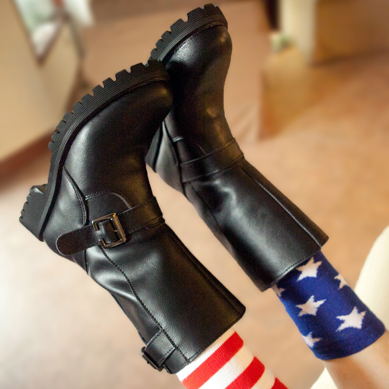  احذية boots 2013-spring-female-shoes-black-cow-round-toe-buckle-medium-leg-boots-sleeve-female-boots-motorcycle