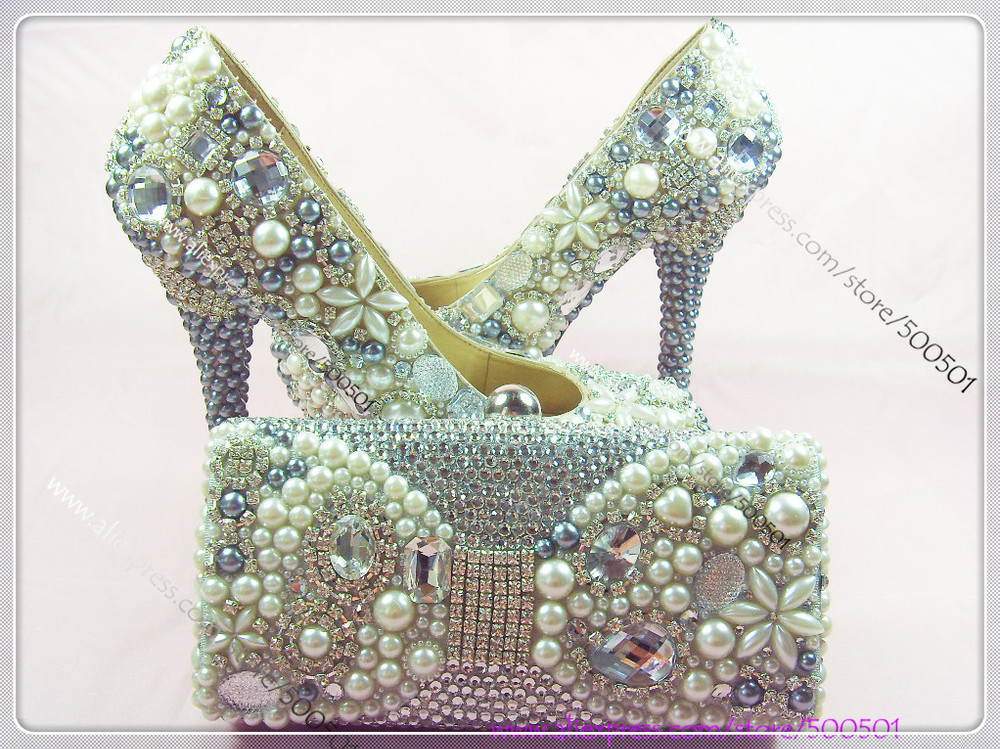 Bon Mardi WOMENS-HIGH-HEELS-SWAROVSKI-CRYSTAL-PEARL-WEDDING-BRIDAL-PARTY-SHOES-with-MATCHING-CLUTCH-BAG