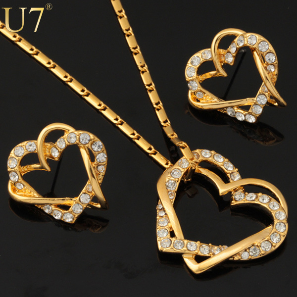 قلادات "LoVe" Free-Shipping-Romantic-Heart-Jewelry-Set-For-Women-High-Quality-18K-Real-Gold-Plated-Rhinestone-Necklace