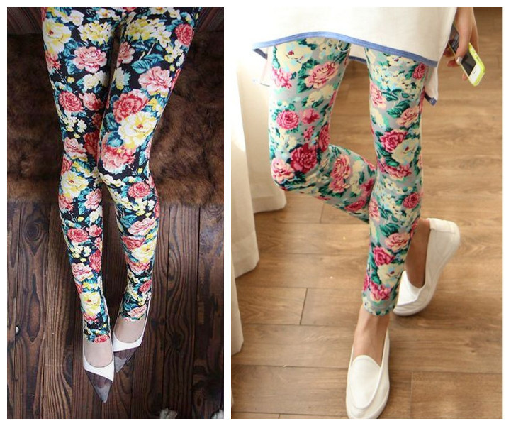 سراويل بناتية 2013 New-Rose-Flower-Printed-Leggings-Fashion-Sexy-Women-Lady-Slim-Cotton-Pants-2-colors-in-stock