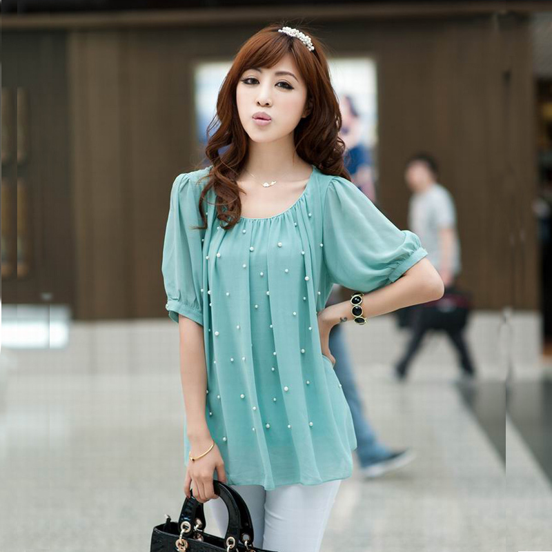 موضة صيف 2014 للبنات أحدث موضة "الباديهات , البناطيل ,الشنط واحذية" Summer-blouses-2013-ladies-blouse-2013-women-s-top-fashion-pearl-decoration-chiffon-shirt-loose-short