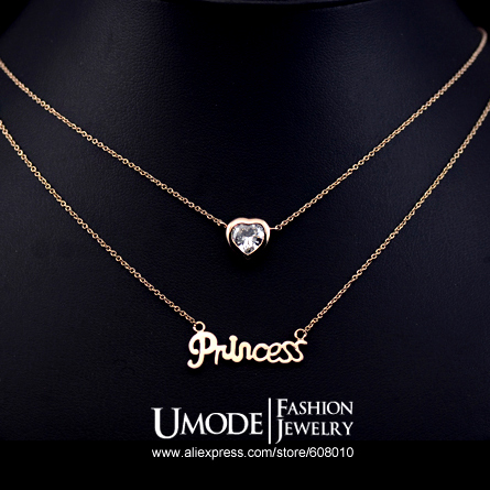 قلادات "LoVe" Rose-Gold-Plated-with-CZ-stone-2-Layer-Chains-Princess-Letter-Necklace-Umode-JN0115-