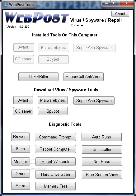 برنامج لإزالة الفيروسات وبرامج التجسس و تشخيص وإصلاح العديد من المشكلات الشائعة على جهازكWebPost Tools 1.0.0.243    WebPost-Tools_1