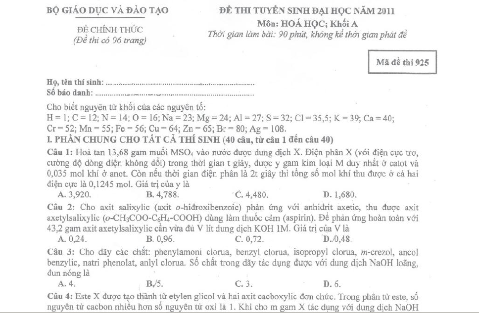 Đề Thi + Đáp Án Môn Hóa Học Đại Học Khối A Năm 2011 Sshot-1-9