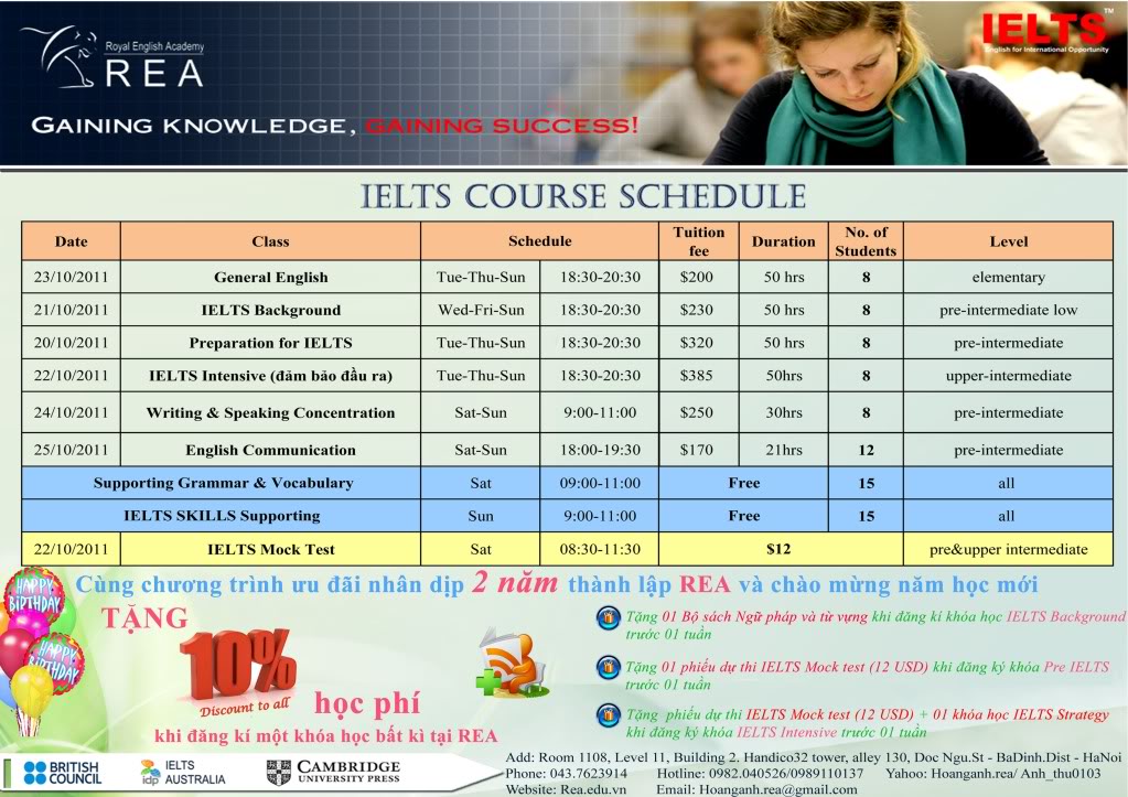 Các khóa học luyện thi IELTS tại REA!!! Lichkhaigiangthang10ver3