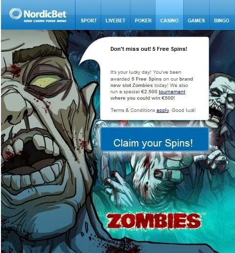 Nordicbet Casino 5 free spins Zombies - Freispiele, Gratisrundor, Gratis Spins, Fri Snurr - 21.06.2012, 22.06.2012, 23.06.2012, 24.06.2012 NordicbetCasino5freespinsonZombies-june2012