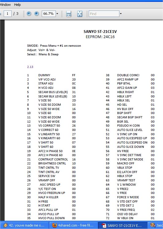 Default Setting ng Sanyo ST-21CE1V Eepromparameterst-21ce1v