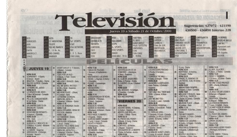 Guía de Canales y Programación  y Anuncio Pampa tv 19 de Octubre de 2000 Guapampa19oct2000