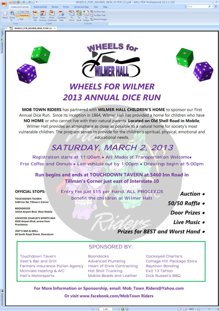 Mob Town Riders Dice Run to Support Wilmer Hall 3/2/13; 9am; Mobile, AL Wheelsforwilmer_pokerrun