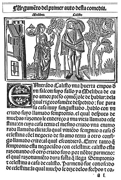 La Celestina, en Wikipedia 401px-Comedia_de_Calisto_y_Melibea_BurgosFadrique_Alemn_1499_fol_1r