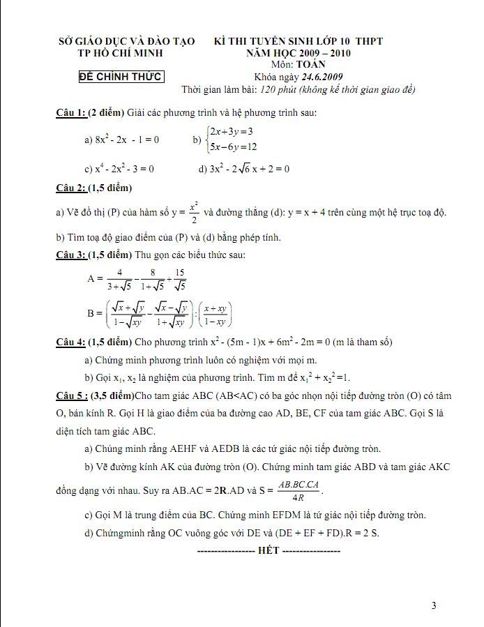 Đề thi tuyển sinh lớp 10 môn Toán năm học 2009 - 2010 Dethi