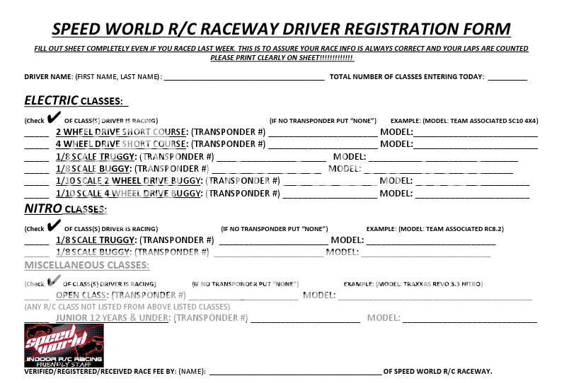 SPEEDWORLD RACE REGISTRATION FORM SPEEDWORLDRCRACEWAYRACERREGISTRATIONFORM