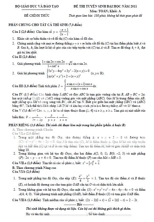 [New] Đáp án đề thi các môn Khối A 2011 của Bộ Giáo Dục và Đào Tạo De-toan