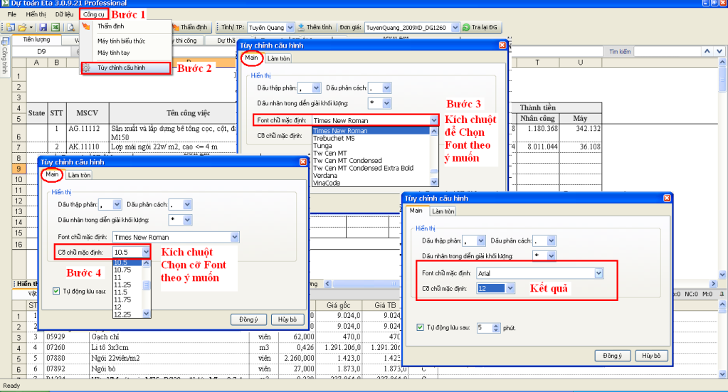 Thay đổi Font chữ trong Dự toán Eta Chinhfont6