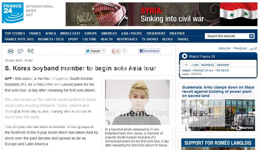 Debut como solista de Junsu de JYJ, en varias web de noticias francesa (16/05/2012) France24