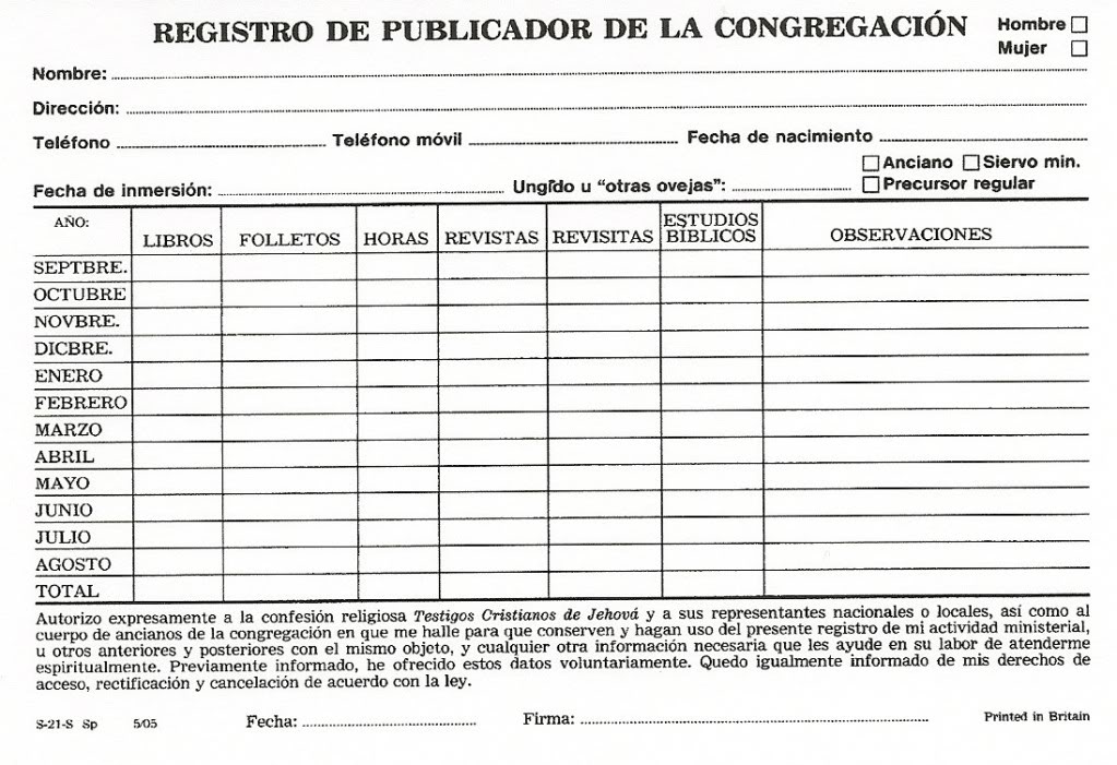 Registo de Publicador da Congregação (S-21-T Po) RegistodePublicadordaCongregao-Espanhol