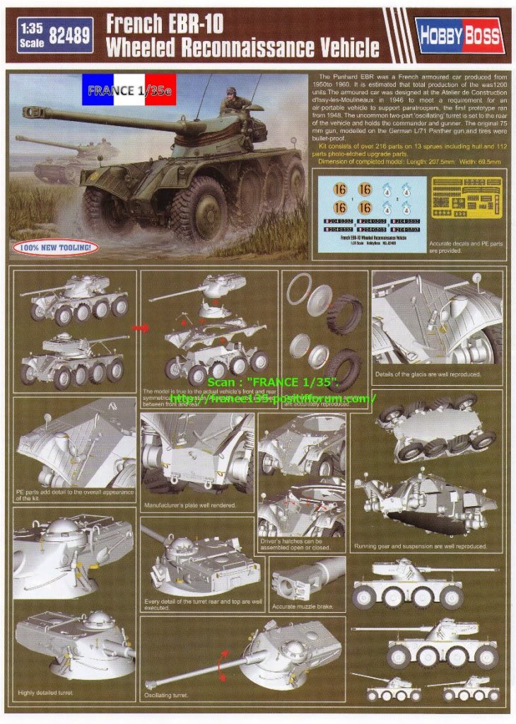 PANHARD EBR 75 Mle 1954 / EBR FL 10. ("French EBR-10 Wheeled Reconnaissance Vehicle"). Hobby-Boss. 1/35, ref 82489. Plastique injecté et photodécoupe. FRANCE135_EBRHOBBY-BOSS_FL10_1-35_36