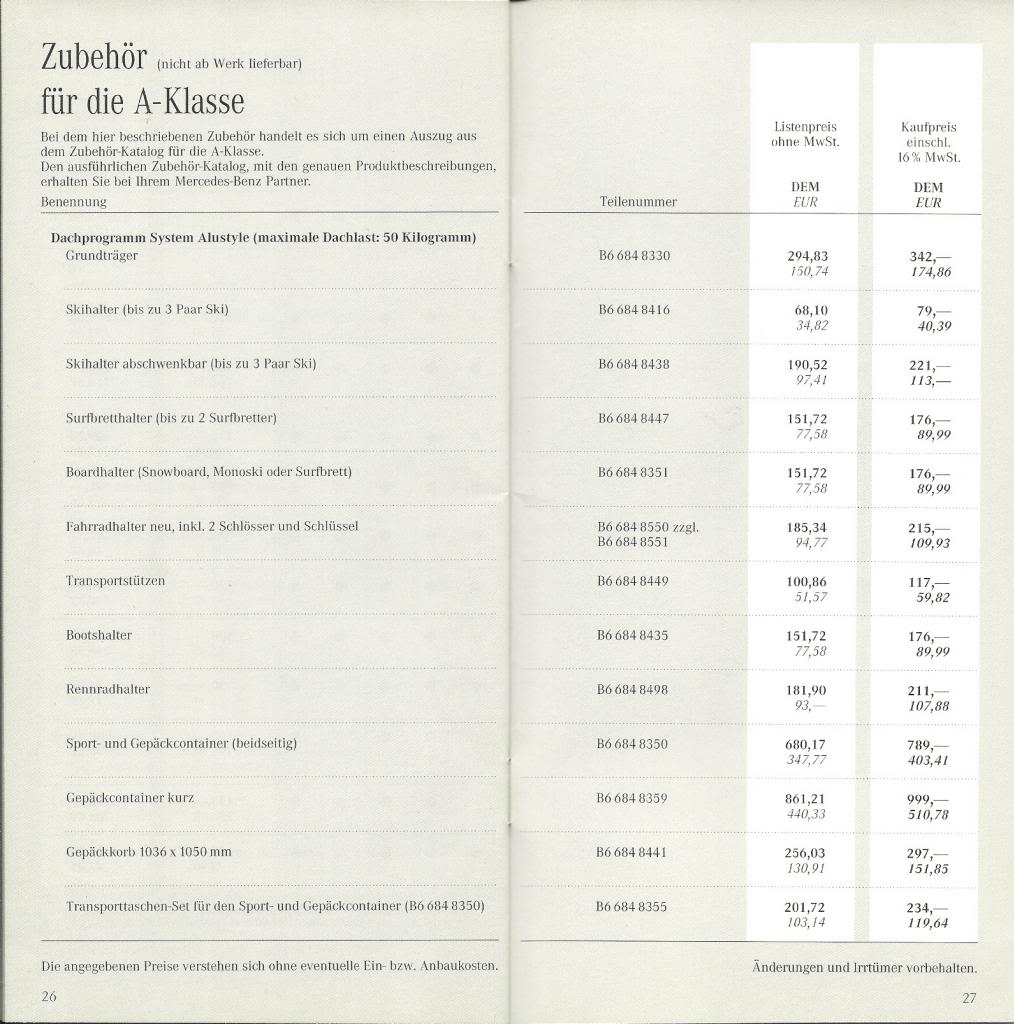 Catálogo W168 - preços e opcionais (2000) - alemão LISTA15