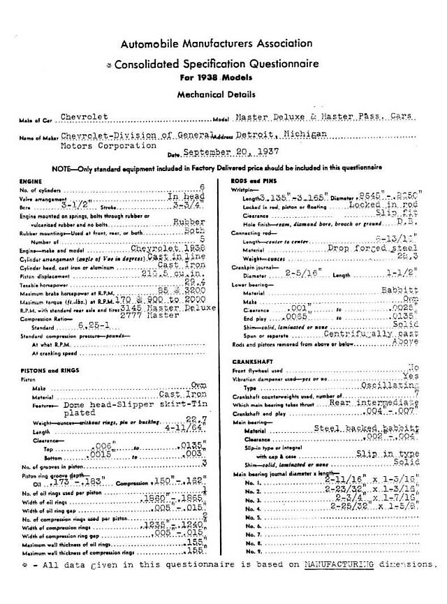 Chevrolet Master 1938 Fichetechnique