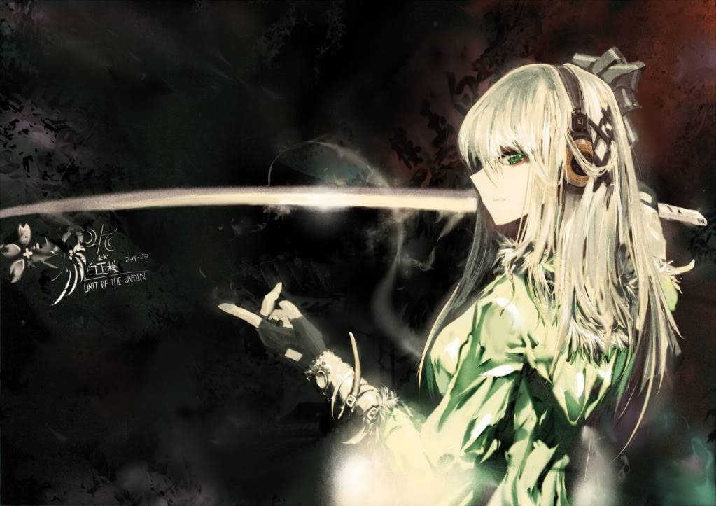 Youmu Konpaku (Not related to the Gensokyo one. Just happens to have the same name.) Konachancom-64068green_eyesheadphoneskonpaku_youmulowlight_kirilenkoswordtouhouweapon