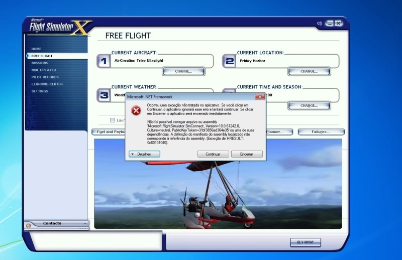Erro ao ligar FSX Microsoft.NEt Framework Errofsx