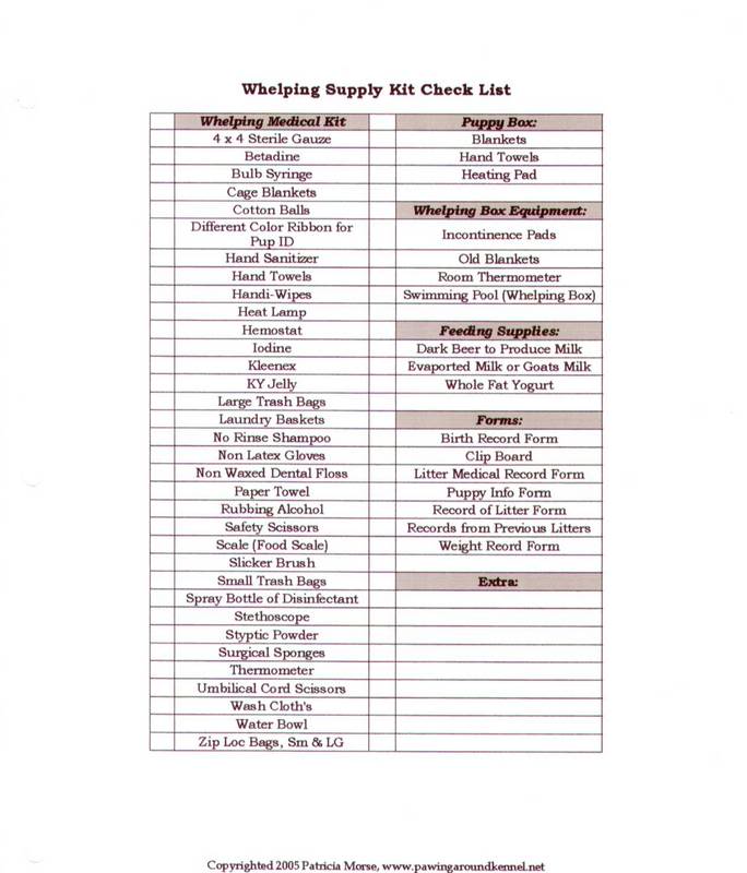 Welping supplies/box Whelpingsupplylist