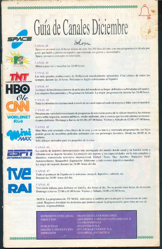 Tapa de Revista y Guia de Canales de TV-Max (Chile) - Diciembre 1993 TvMax