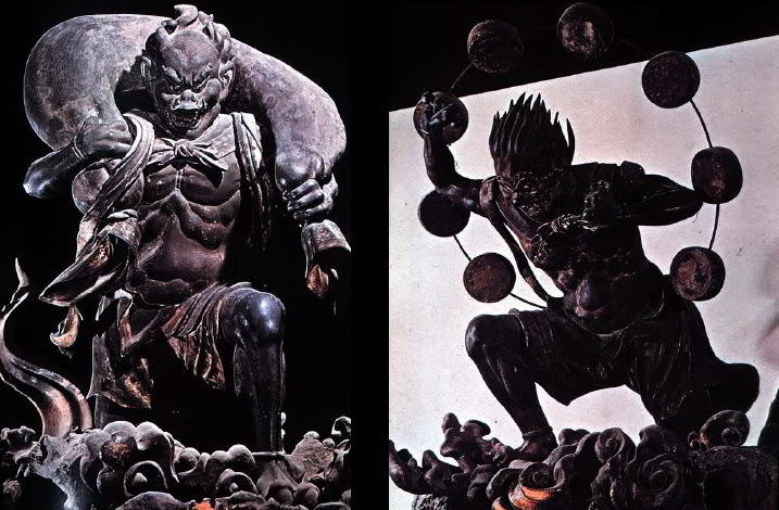 Raijin y Fujin en la mitología japonesa. Símbolo del tripe tomoe. Fujin_raijin_myth