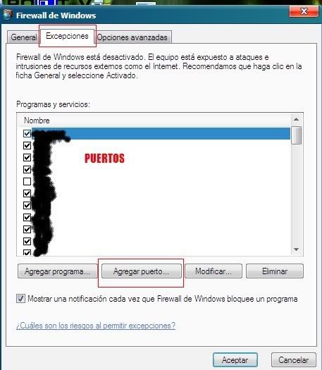 Como abrir puertos. Firewall Windows XP Puerto1