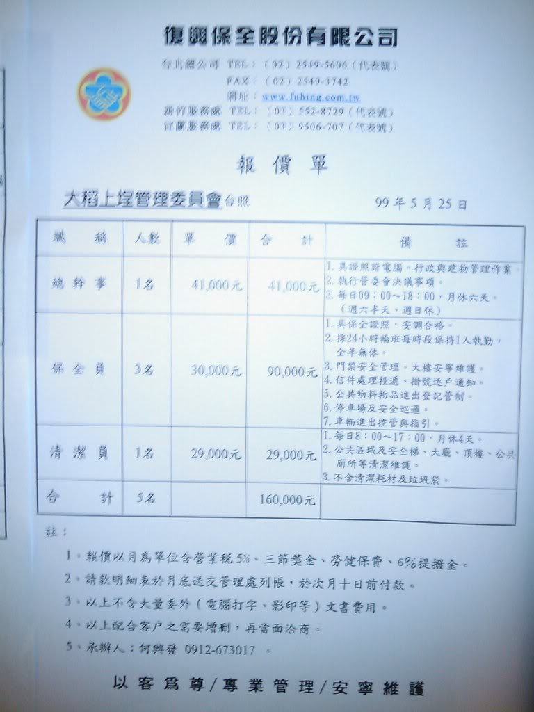 本社區每月支付復興保全公司合計166,000元，其中6,000元為垃圾清運費，70,000元及90,000元又各是什麼費用？總費用比連鴻保全公司之165,375元還高，所提供之服務則是二二六六，真有欺騙住戶之嫌。 05262