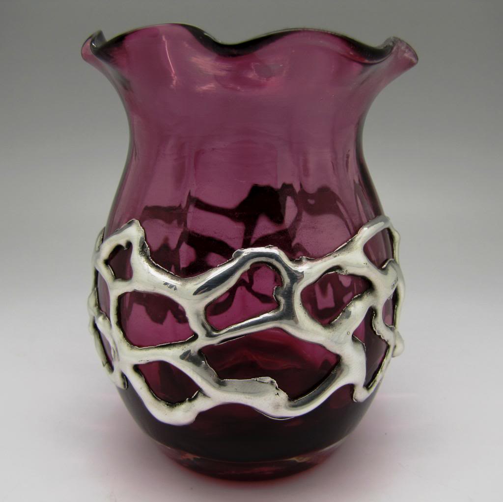 Amethyst vase with unusual silver strapping overlay ?? Vase001