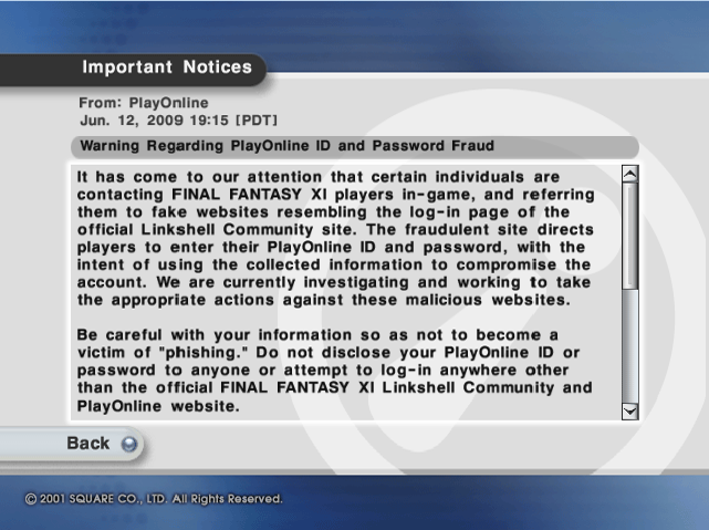 Warning regarding PlayOnline ID & Password Fraud Untitled-1