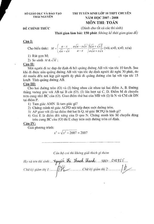 Thái Nguyên- Đề thi Toán thường vào lớp 10 chuyên năm 2007-2008 Toanthuong0708