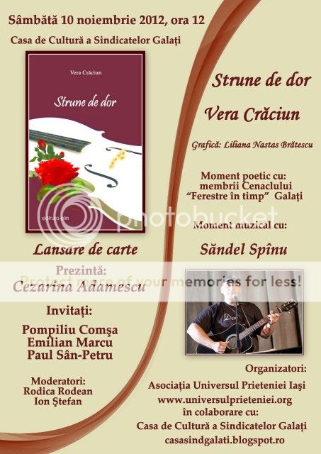 10 noiembrie 2012, Lansare de carte la Galaţi-Strune de dor, Vera Crăciun AFISGALATI