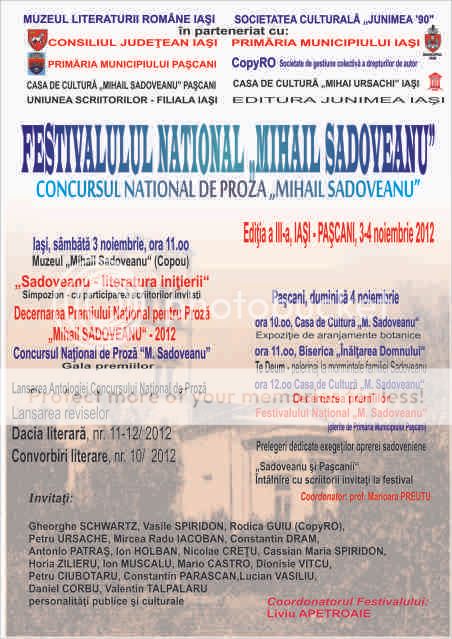 FESTIVALUL  NAŢIONAL DE PROZĂ „MIHAIL SADOVEANU”,  ediţia a III-a, Iaşi, 3-5 noiembrie 2012 AfisFestivalSadoveanufinal