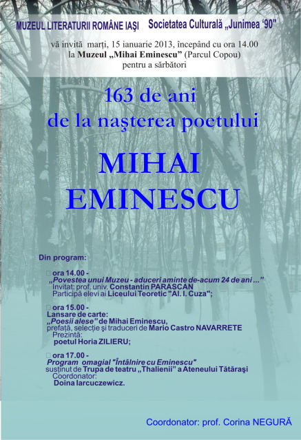 163 de ani de la naşterea poetului Mihai Eminescu-15 ianuarie 2013, Iasi AfisEMINESCU2013