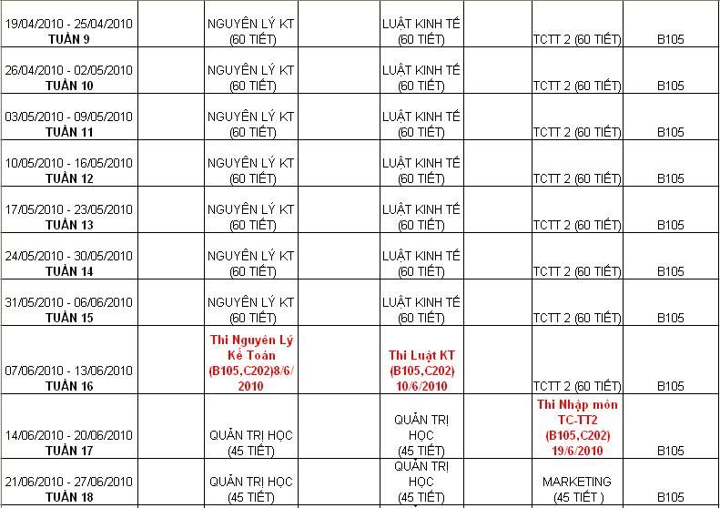 LỊCH THI VÀ LỊCH HỌC MỚI NHẤT 2010 MỚI BỒ SUNG LỊCH THI LẠI 2