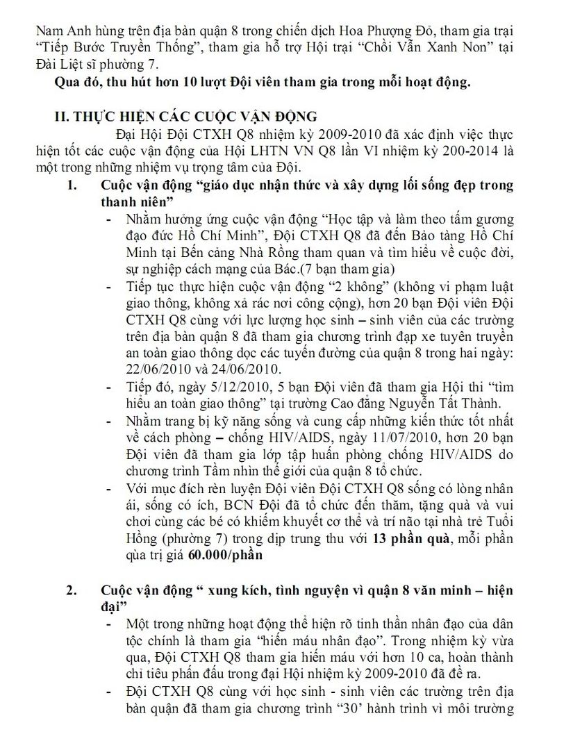 BÁO CÁO TỔNG KẾT  HOẠT ĐỘNG ĐỘI CÔNG TÁC XÃ HỘI QUẬN 8  NHIỆM KỲ 2009 – 2010 Baocao3