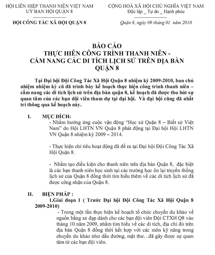 BÁO CÁO THỰC HIÊN CÔNG TRÌNH THANH NIÊN - CẨM NANG CÁC DI TÍCH LỊCH SỬ TRÊN ĐỊA BÀN QUẬN 8 Cttn