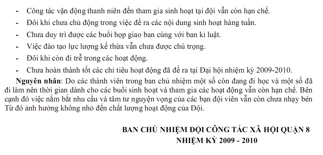 BÁO CÁO KIỂM ĐIỂM HOẠT ĐỘNG BAN CHỦ NHIỆM ĐỘI CÔNG TÁC XÃ HỘI QUẬN 8 NHIỆM KỲ 2009 – 2010 Kiemdiem2