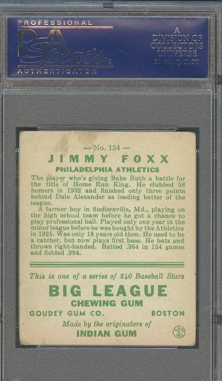 f/s: 1933 goudey foxx psa 3 #154  SOLD Foxyb001