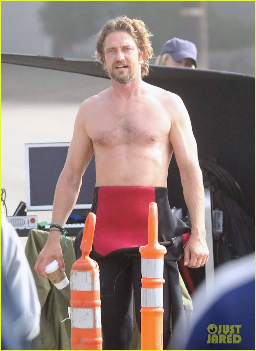 'Chasing Mavericks' Filming October 2011 Gerard-butler-shirtless-wetsuit-05