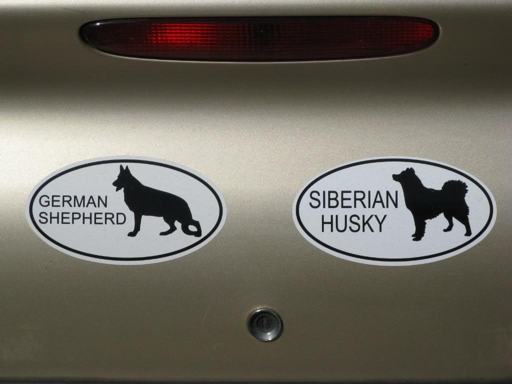 Wooden Husky/GSD/Wolf imported toys from Germany. And our bumper stickers/car magnets: 003-4