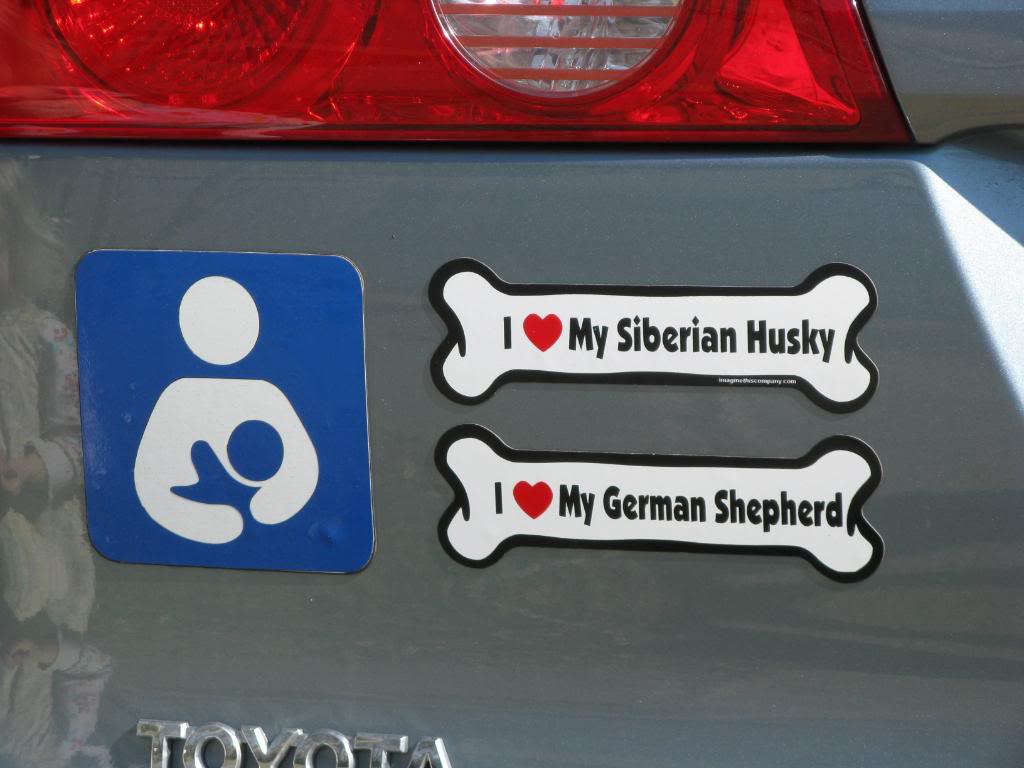 Wooden Husky/GSD/Wolf imported toys from Germany. And our bumper stickers/car magnets: 012-4
