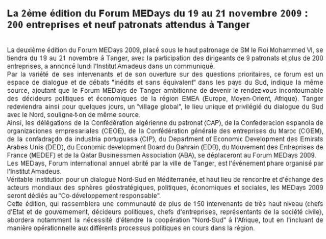 La 2è édition du Forum MEDays du 19 au 21 novembre à Tanger Forum-MEDays